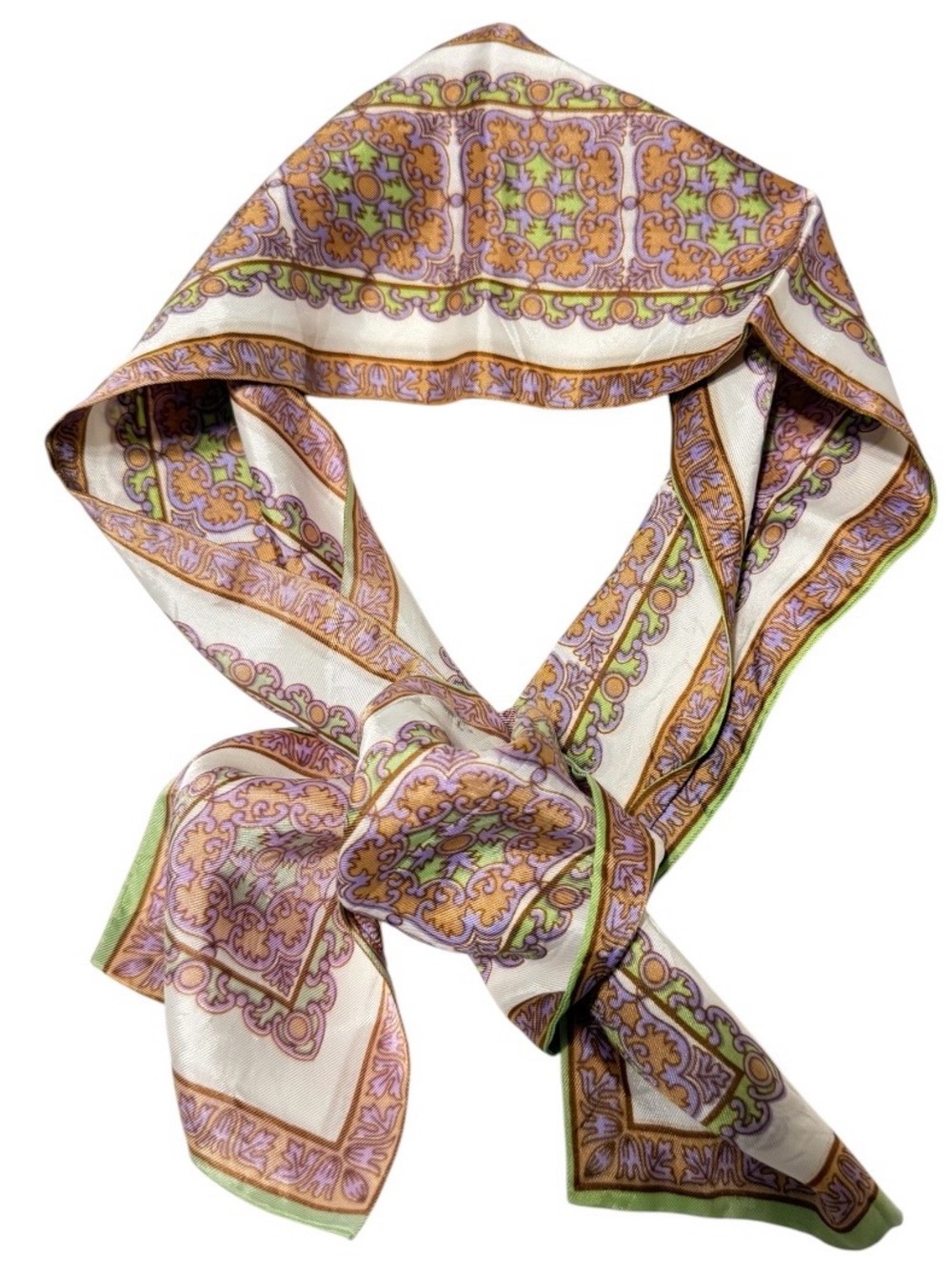 1960’s‎ Vintage Head or Neck Scarf in Paisley Brown, Purple, White & Green, 40”